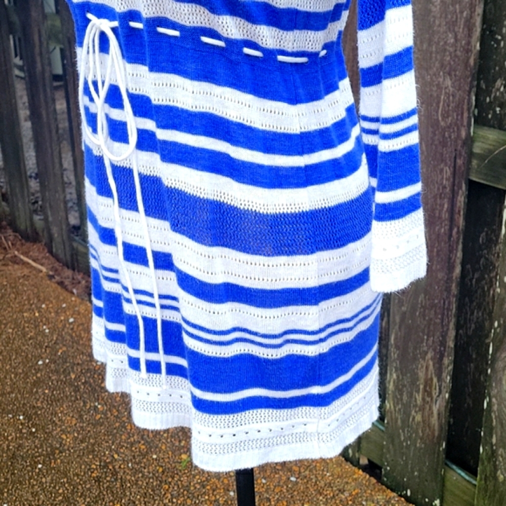 Motherhood Maternity Striped  Babydoll Pointelle Sweater with Drawstring Tie - Picture 4 of 17